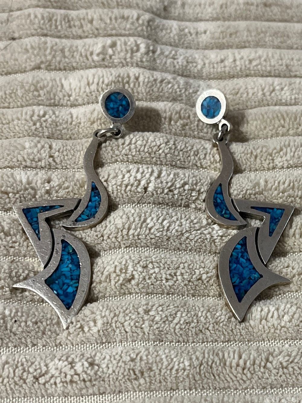 Solid Vintage Taxco Turquoise Inlay Sterling Silver Earrings